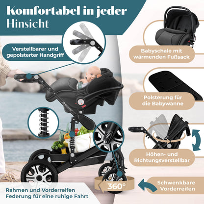 KESSER Loops 4-in-1 Kombikinderwagen mit Babyschale, Schwarz