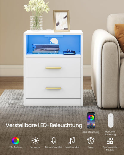VASAGLE Custos Nachttisch mit Ladestation, 2er Set, LED, wolkenweiss