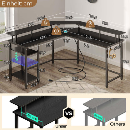 Rolanstar L-Eckschreibtisch – RGB-LED & Steckdosen 135 cm