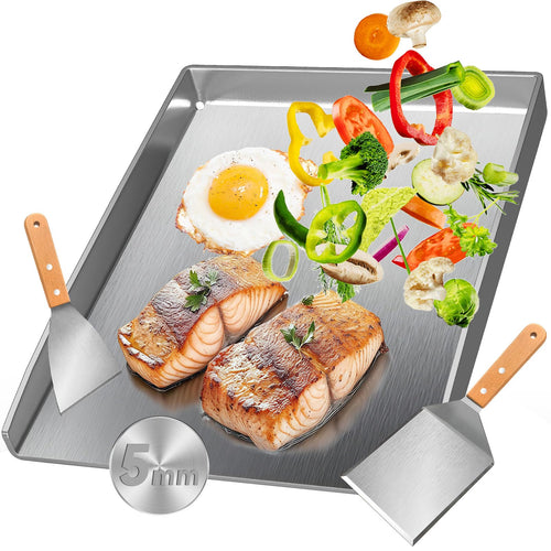 Camxon Universelle Edelstahl Plancha Grillplatte – 40.5x31cm. Rechteckige Edelstahlplatte zum Braten & Garen auf Gas- & Kohlegrills.