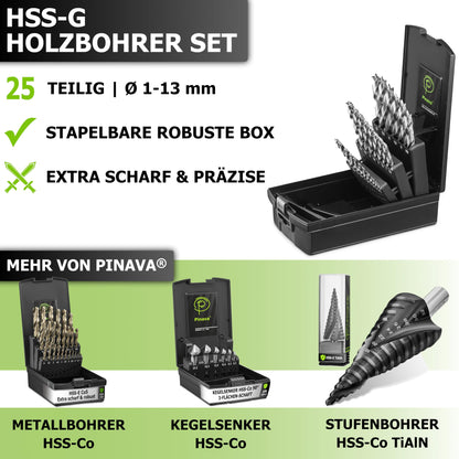 Pinava® Holzbohrer Set HSS-G 1-13mm – 25-teilig für Holz