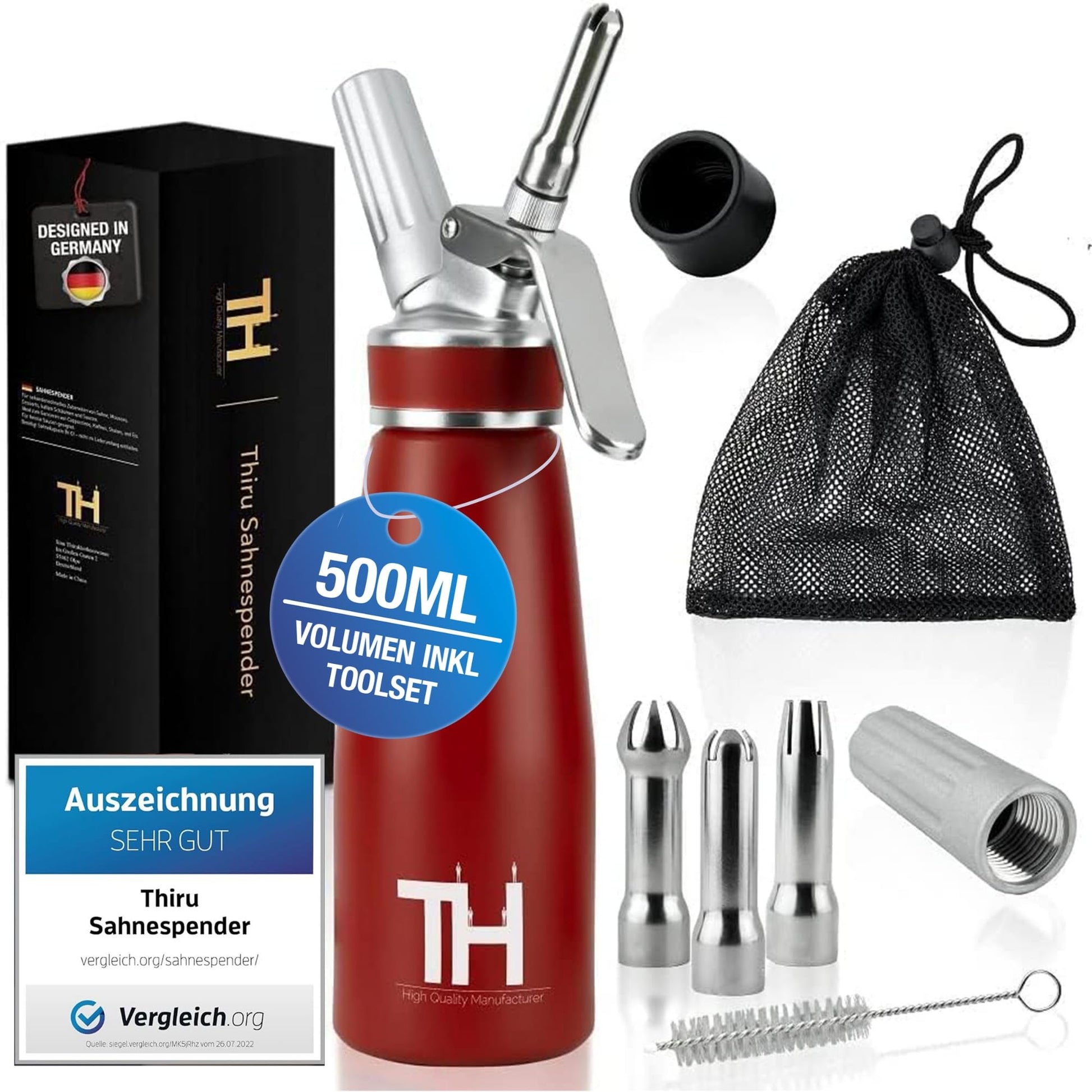 Thiru Sahnespender 500 ml – Sahnesyphon mit 3 Edelstahltüllen, Rot
