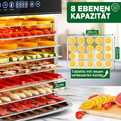 Kwasyo Dörrautomat Edelstahl – 8 Etagen, für Obst & Fleisch