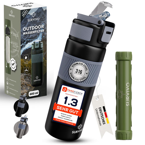 SURVIVO Wasserfilter Trinkflasche Outdoor - Edelstahl 660ml