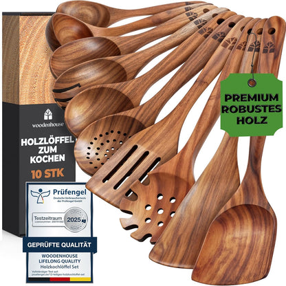 Woodenhouse Kochbesteck Set 10-teilig aus Teakholz mit Kochlöffel, polierte Oberfläche, für Antihaft-Kochgeschirr