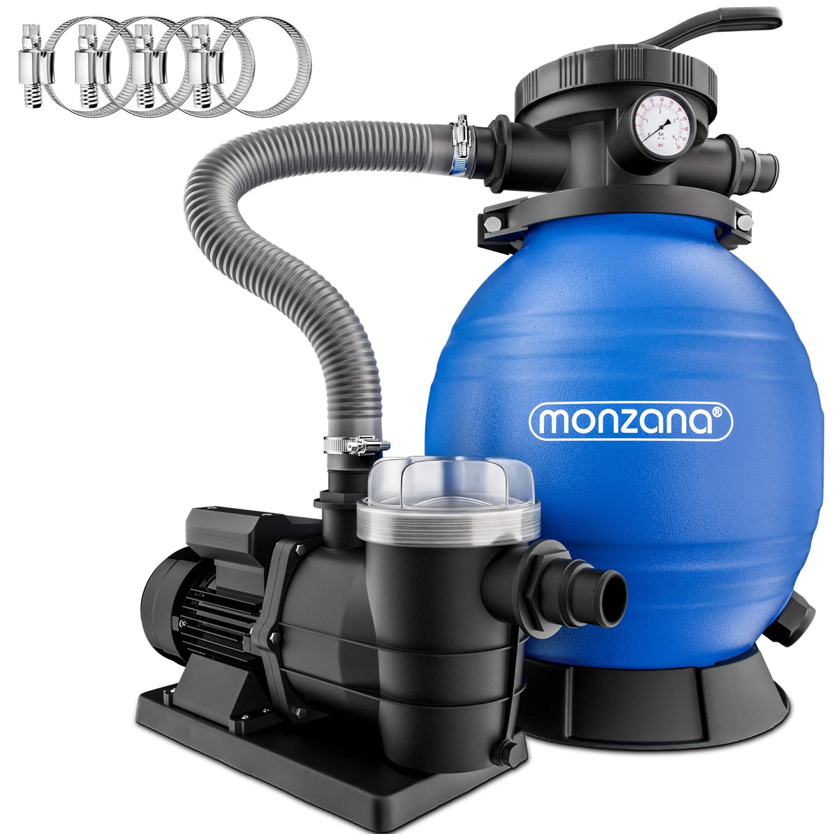 MONZANA Sandfilteranlage SF96K Poolfilter 9600 l/h selbstansaugend mit 7-Wege-Ventil und Druckanzeige