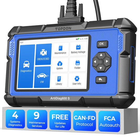 TOPDON ArtiDiag600S OBD2 Fahrzeug Diagnosegerät - 4 Systeme. Schwarzes Handgerät mit Farbdisplay für OBD2-Fehlercode-Diagnose von 4 Systemen.