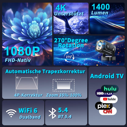 Mini Beamer 4K Android Projektor 2026 Modell – 270° drehbar, schwarz