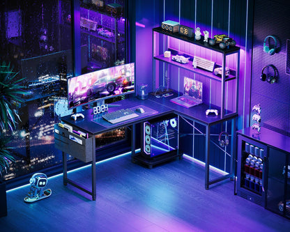 Coleshome Gaming Tisch L-Form mit LED & Steckdosen, Schwarz