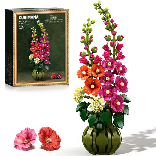 CUBIMANA Botanicals Alcea Rosea Blumen Bauset mit Vase, 974 Teile – zwei Blütenstiele in dunkelgrüner Bausteinvase