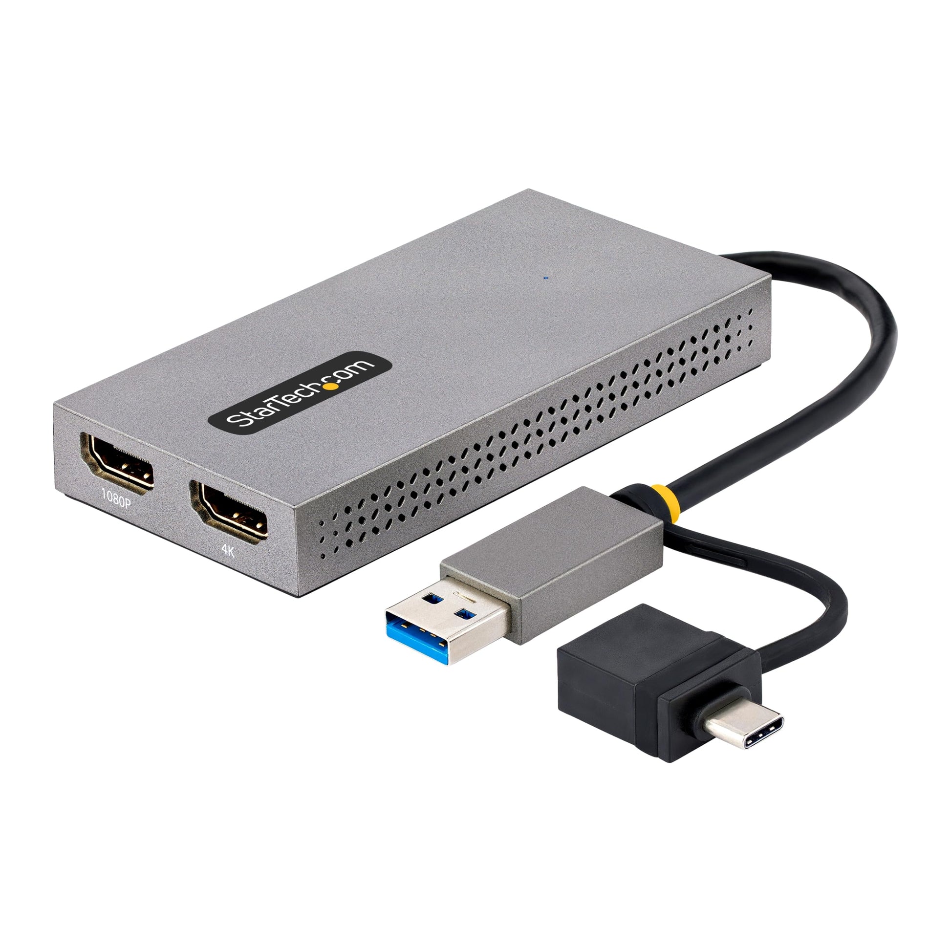 StarTech.com USB A/C HDMI Dual Monitor Adapter 4K, kompaktes schwarzes Gehäuse. Verbindet zwei 4K HDMI-Monitore über USB-A/C.