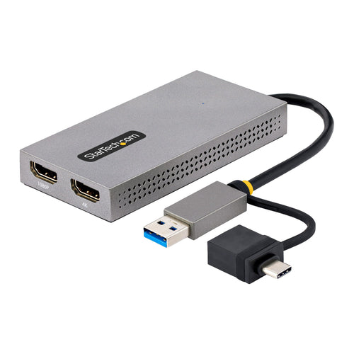 StarTech.com USB A/C HDMI Dual Monitor Adapter 4K, kompaktes schwarzes Gehäuse. Verbindet zwei 4K HDMI-Monitore über USB-A/C.