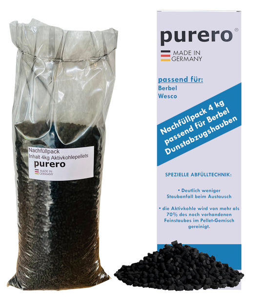 purero Aktivkohle Nachfüllpack 4,0 kg für Berbel Dunstabzugshauben: Schwarze Granulate zur Geruchsfilterung im Umluftbetrieb.