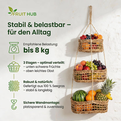 FRUIT HUB Obstkorb hängend aus Seegras – Hängekorb mit 3 Etagen