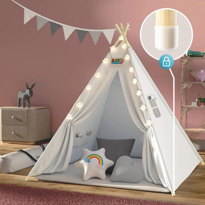Spielwerk® Tipi Kinderzelt – Set 130x130cm Weiss Grau