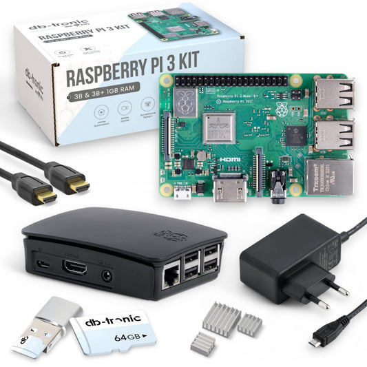 Raspberry Pi 3 B+ Starter-Set mit Gehäuse & 64GB SD Karte. Grüner Single-Board-Computer im Gehäuse mit SD-Karte für Lern- & Bastelprojekte.