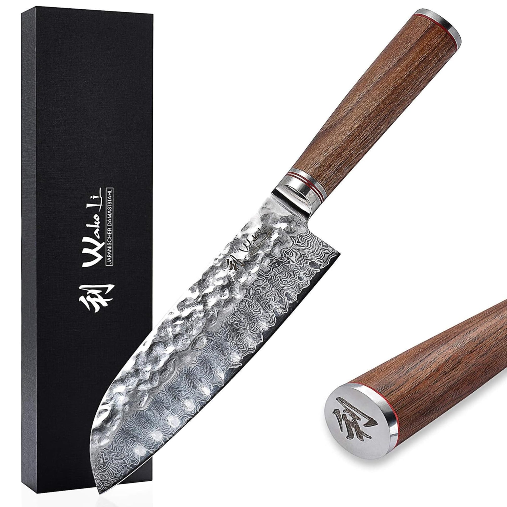 Wakoli Damast Santoku Messer 17.5 cm – Nussbaum Hammerschlag. Damast-Hammerschlagklinge, Nussbaumgriff. Zum präzisen Zerteilen.