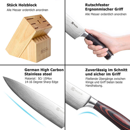 PAUDIN Messerblock Set 14-teilig Edelstahl Küchenmesser mit Holzblock