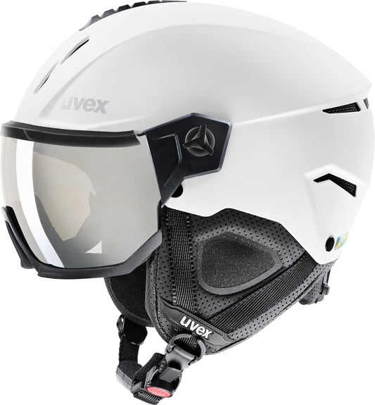 uvex Instinct Visor Skihelm - White-Black Matt (59-61cm). Weiß-schwarzer Skihelm mit Visier. Schützt Kopf und Augen beim Skifahren durch stoßabsorbierende Schale und integriertes Visier.
