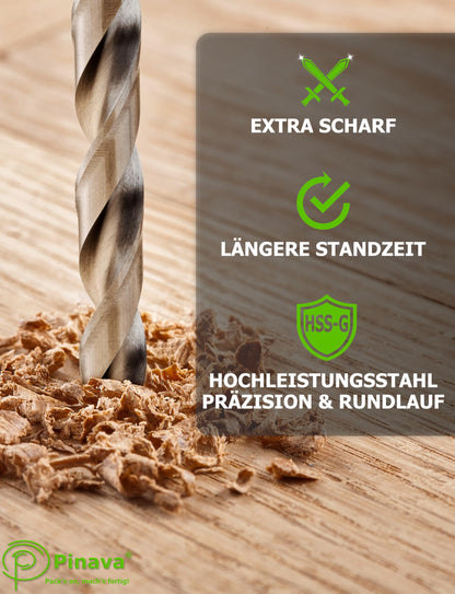 Pinava® Holzbohrer Set HSS-G 1-13mm – 25-teilig für Holz