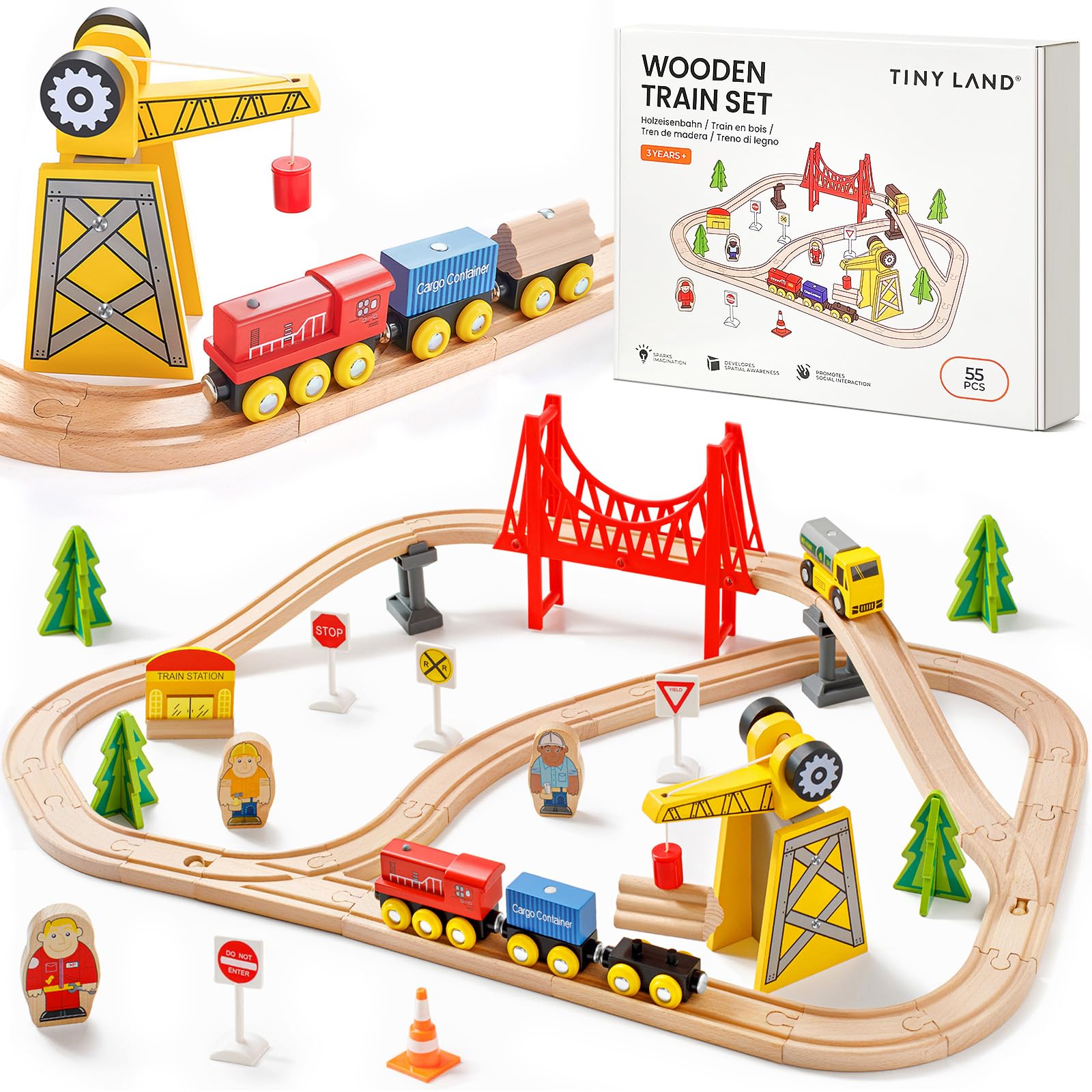 Tiny Land Holzeisenbahn Set, 55-teilig mit Kran, ab 2 Jahren – Schienen und Zug aus Buchenholz