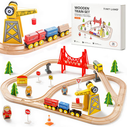 Tiny Land Holzeisenbahn Set, 55-teilig mit Kran, ab 2 Jahren – Schienen und Zug aus Buchenholz