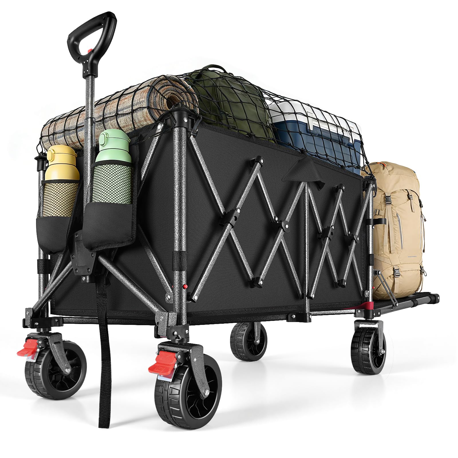 YEAUPE PRO Faltbollerwagen mit Feststellbremse, All-Terrain, schwarz – breite Geländereifen und öffnende Heckklappe