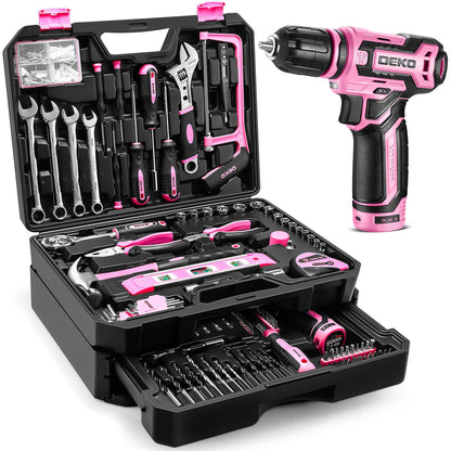 DEKO 238-teiliges Werkzeugset mit 12-V-Akku-Bohrmaschine, rosa