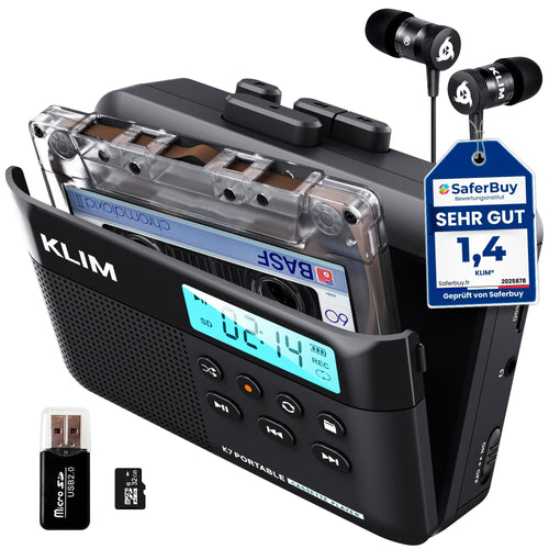 KLIM K7 Kassettenspieler mit MP3-Konverter, Mikrofon und Lautsprecher, tragbar, mit 3,5-mm-Kopfhörerbuchse