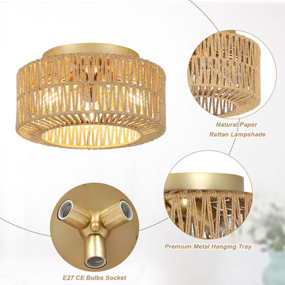 Rayofly Boho Deckenlampe HLF17, 3-flammig mit Rattan-Lampenschirm