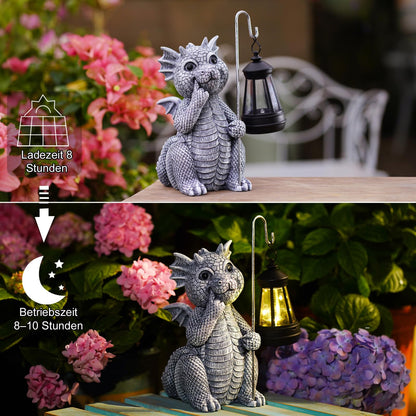 Yeomoo Drachenfigur mit Solarlaterne – Gartendeko aus Harz, Grau