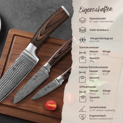 Wakoli EDIB 3-teiliges Damastmesser Set mit Magnet-Messerblock
