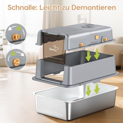 PalNests Edelstahl-Katzentoilette XXL mit Deckel, Klappe und Schaufel