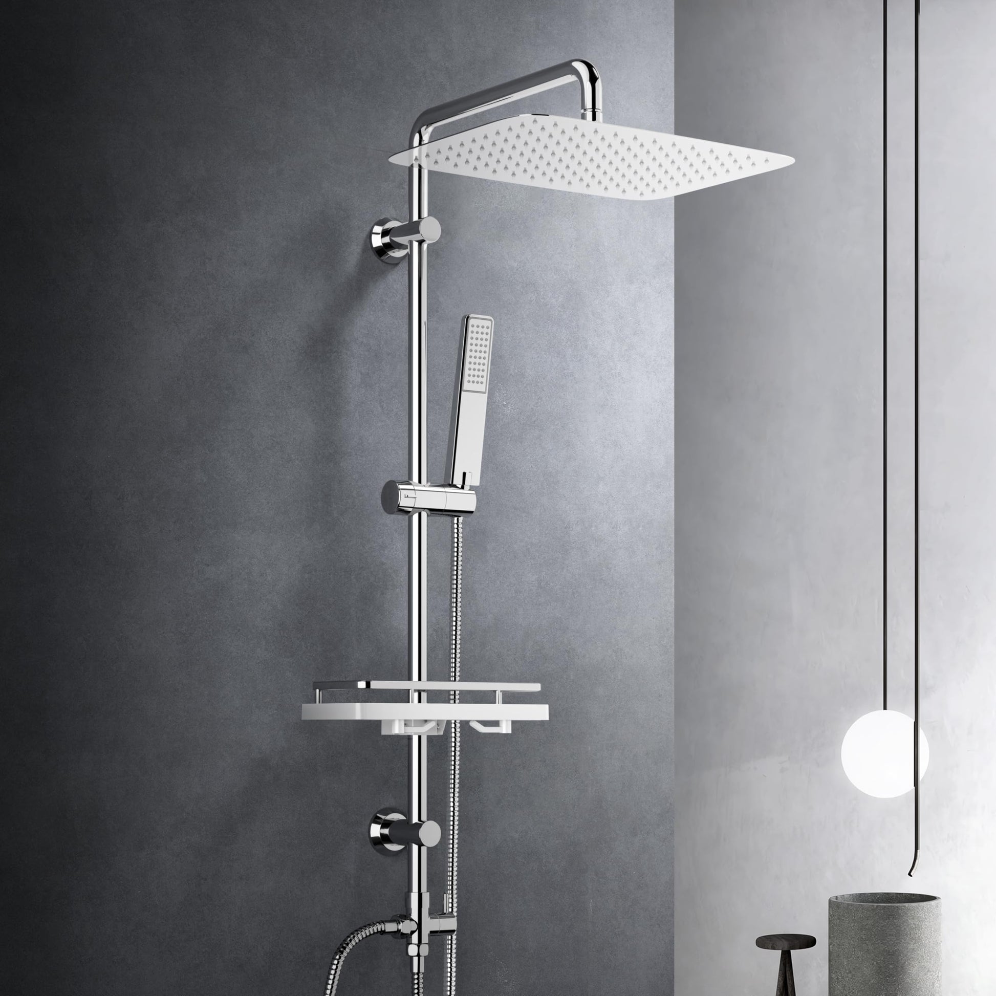 Görbach Duschsystem Regendusche mit Ablage Chrom 35x25cm. Chromfarben, rechteckige Regendusche und Ablage zur Körperpflege.