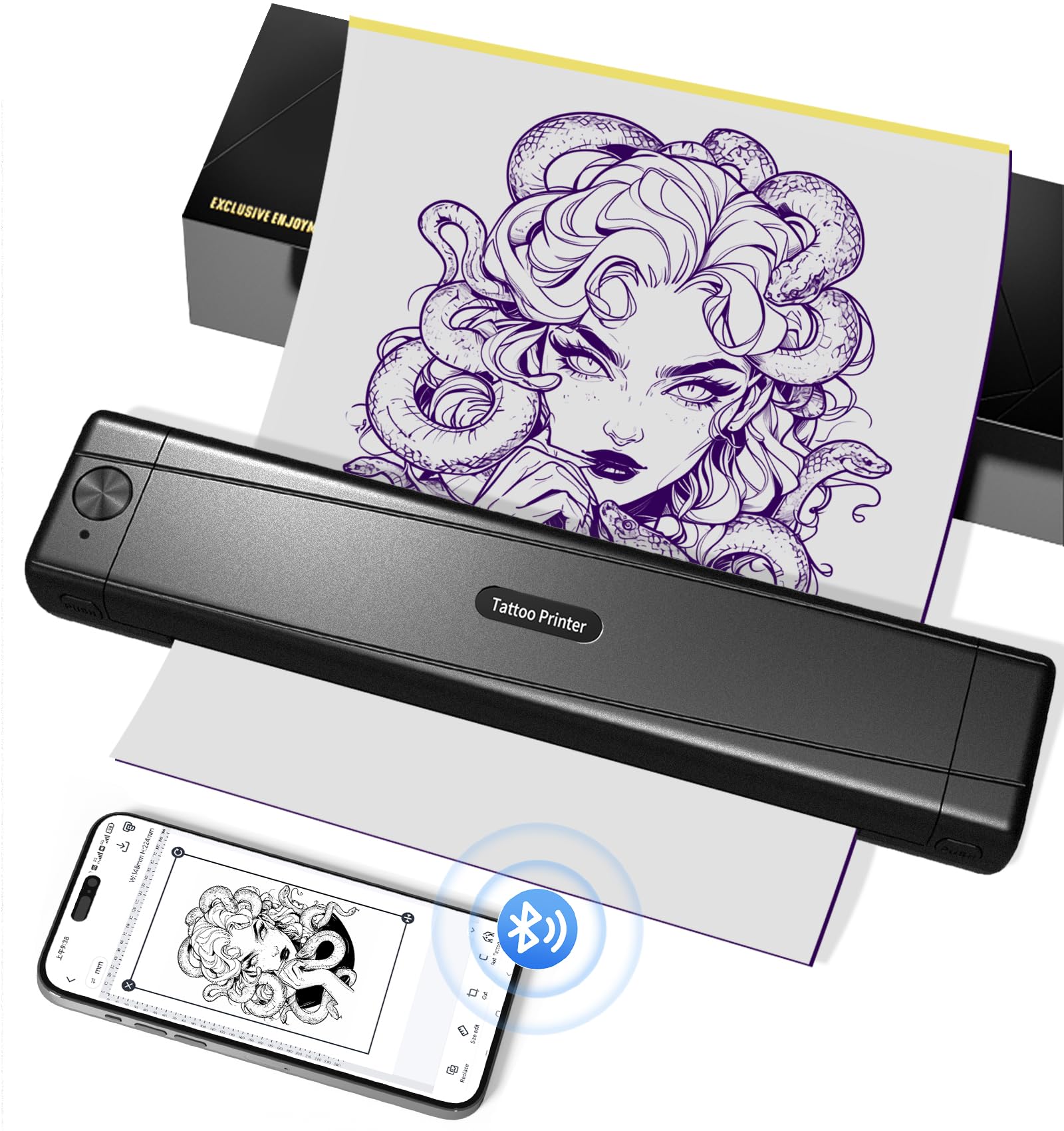 TATTMUSE A887 Tattoo Drucker Bluetooth mit 10 Blatt Transferpapier in Schwarz