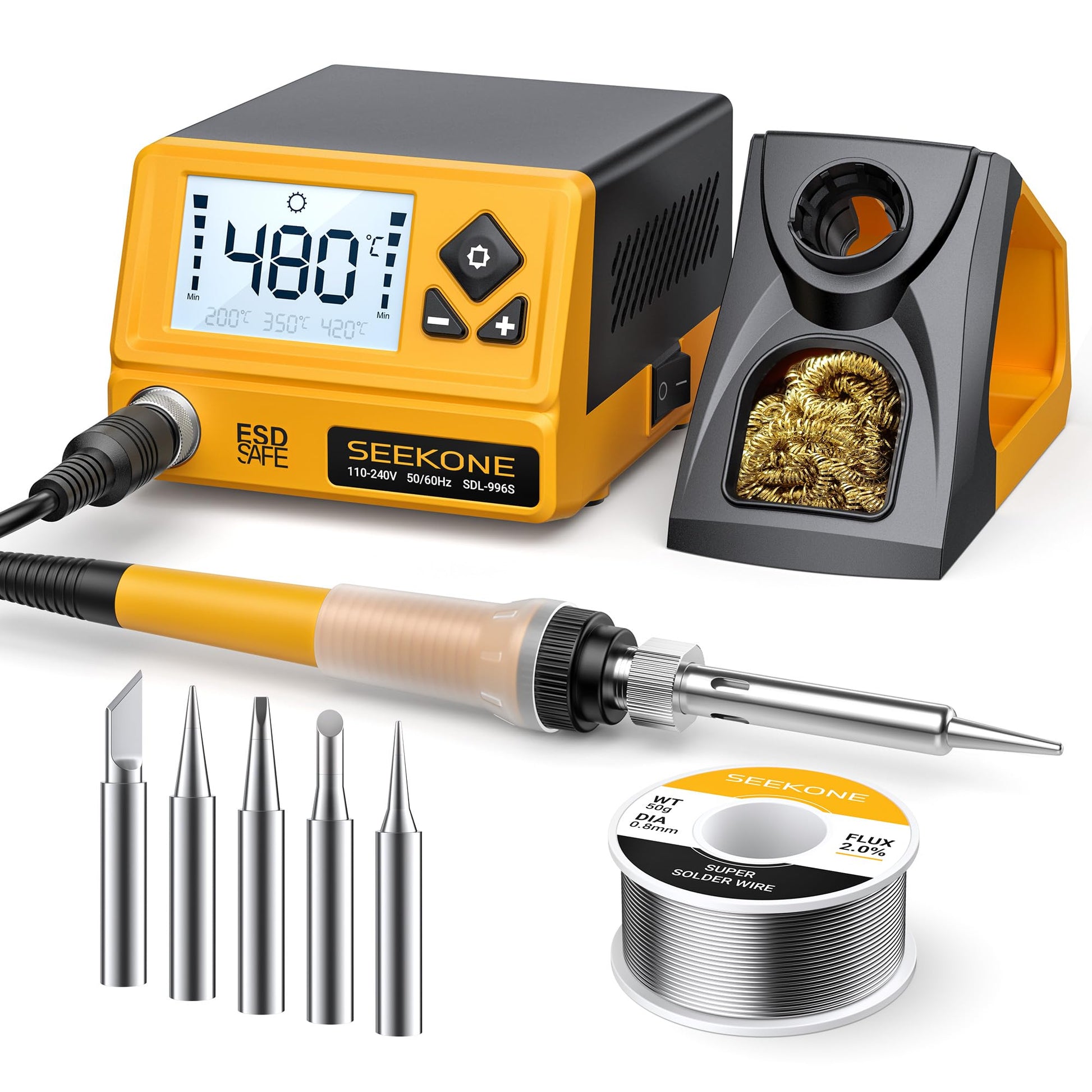 SEEKONE Lötstation SDL996S 60W digital, LCD-Display, 200–480 °C mit Lötkolbenhalter und fünf Lötspitzen