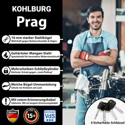 KOHLBURG Bremsscheibenschloss Prag, Motorradschloss 16 mm