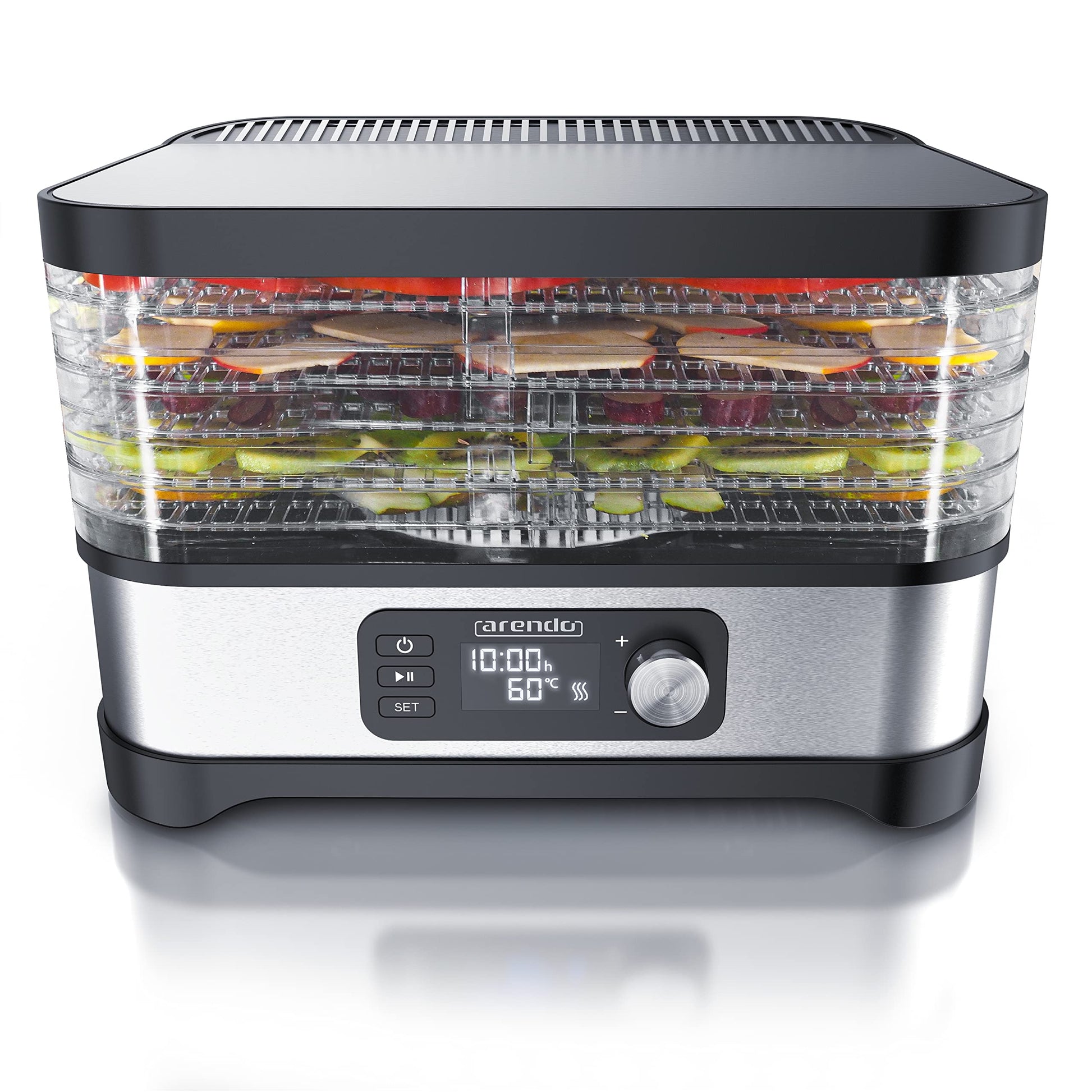 Arendo Dörrautomat Edelstahl 400W: Silberfarben, rechteckig, mit 5 Fächern und Temperaturregler. Dörrt Obst, Gemüse, Fleisch.