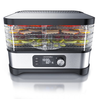 Arendo Dörrautomat Edelstahl 400W: Silberfarben, rechteckig, mit 5 Fächern und Temperaturregler. Dörrt Obst, Gemüse, Fleisch.
