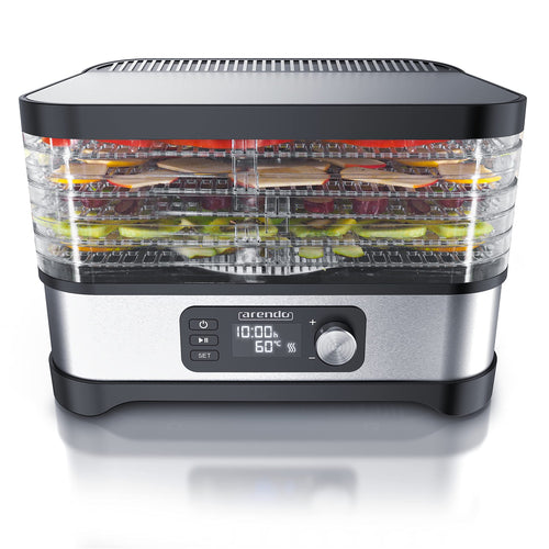 Arendo Dörrautomat Edelstahl 400W: Silberfarben, rechteckig, mit 5 Fächern und Temperaturregler. Dörrt Obst, Gemüse, Fleisch.