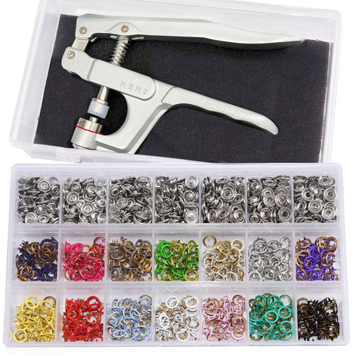 RERI Druckknopf Set mit Zange, 280 Sets, 14 Farben, Ø 9,5 mm – Metall-Druckknöpfe mit Befestigungszange und Adapter