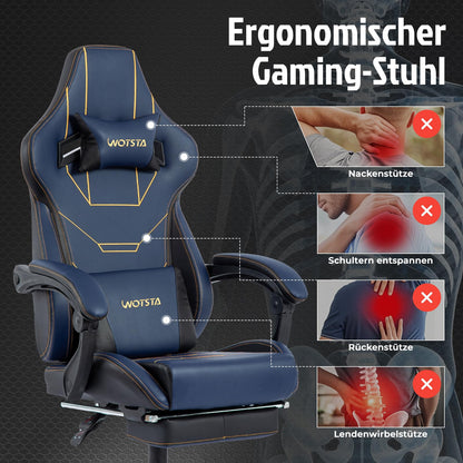 WOTSTA Gaming Stuhl Ergonomisch mit Fussstütze - Blau