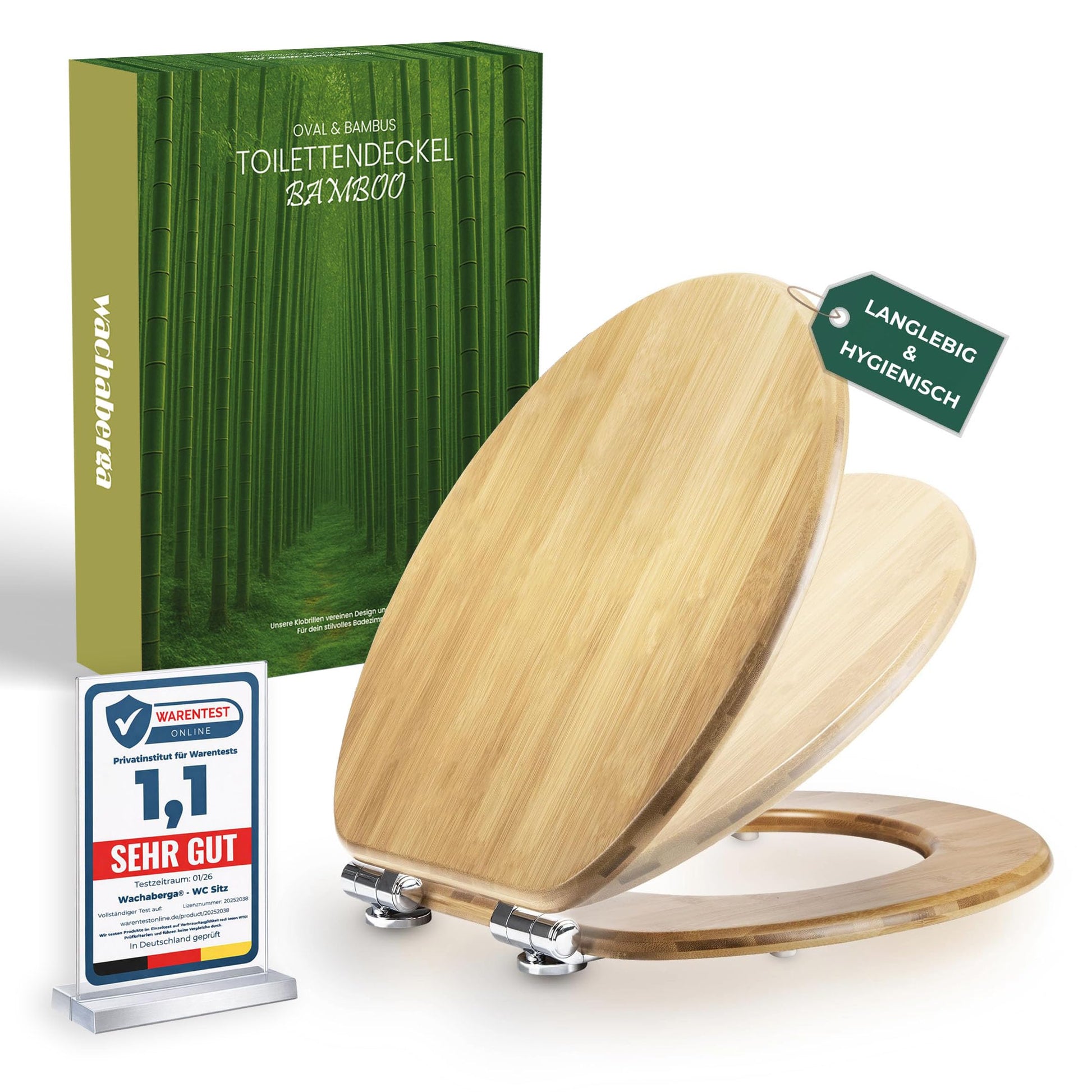 Wachaberga Bambus WC-Sitz mit Absenkautomatik, oval, WB-BAM-OV – ovaler WC-Sitz aus Bambus mit Edelstahlscharnieren
