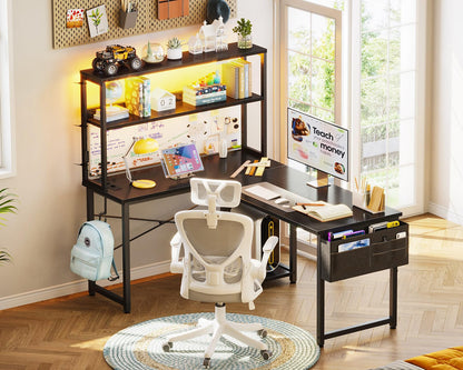 Coleshome Gaming Tisch L-Form mit LED & Steckdosen, Schwarz