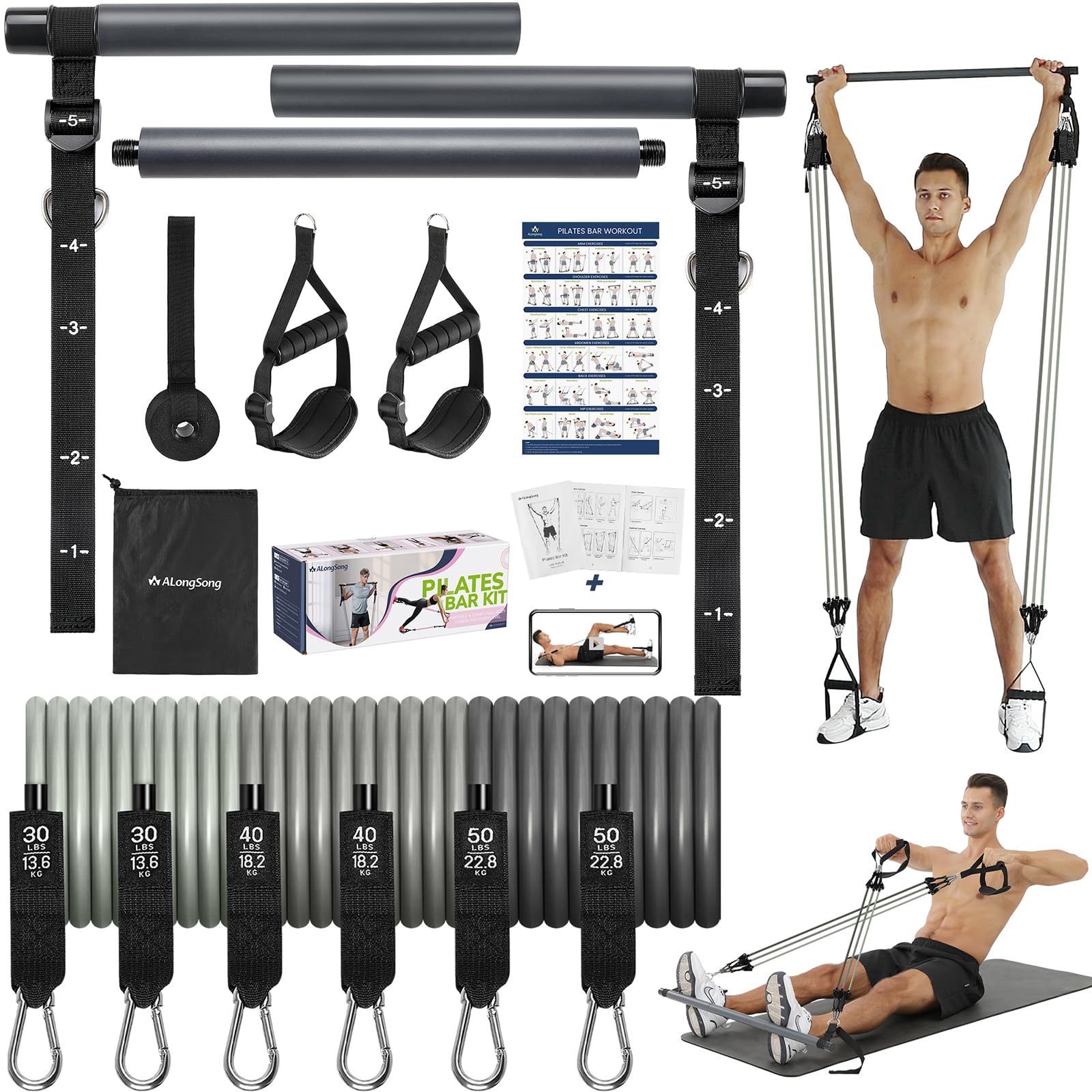 ALongSong Pilates Bar Fitness Set - 6 Bänder grau 30/40/50lbs. Stange mit grauen Widerstandsbändern für Pilates und Muskelaufbau.