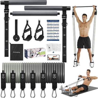 ALongSong Pilates Bar Fitness Set - 6 Bänder grau 30/40/50lbs. Stange mit grauen Widerstandsbändern für Pilates und Muskelaufbau.