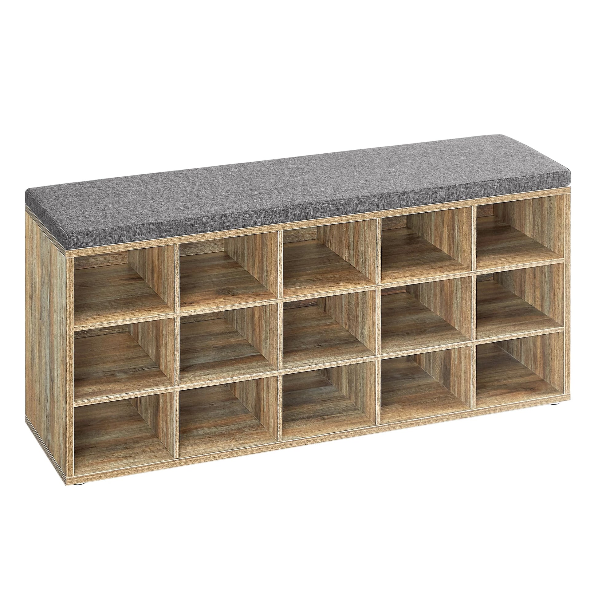 VASAGLE Schuhbank mit Kissen, 15 Fächer - LHS015T60. Holzfarbene Bank mit grauem Kissen, 15 Fächer. Organisiert Schuhe, bietet Sitzgelegenheit.