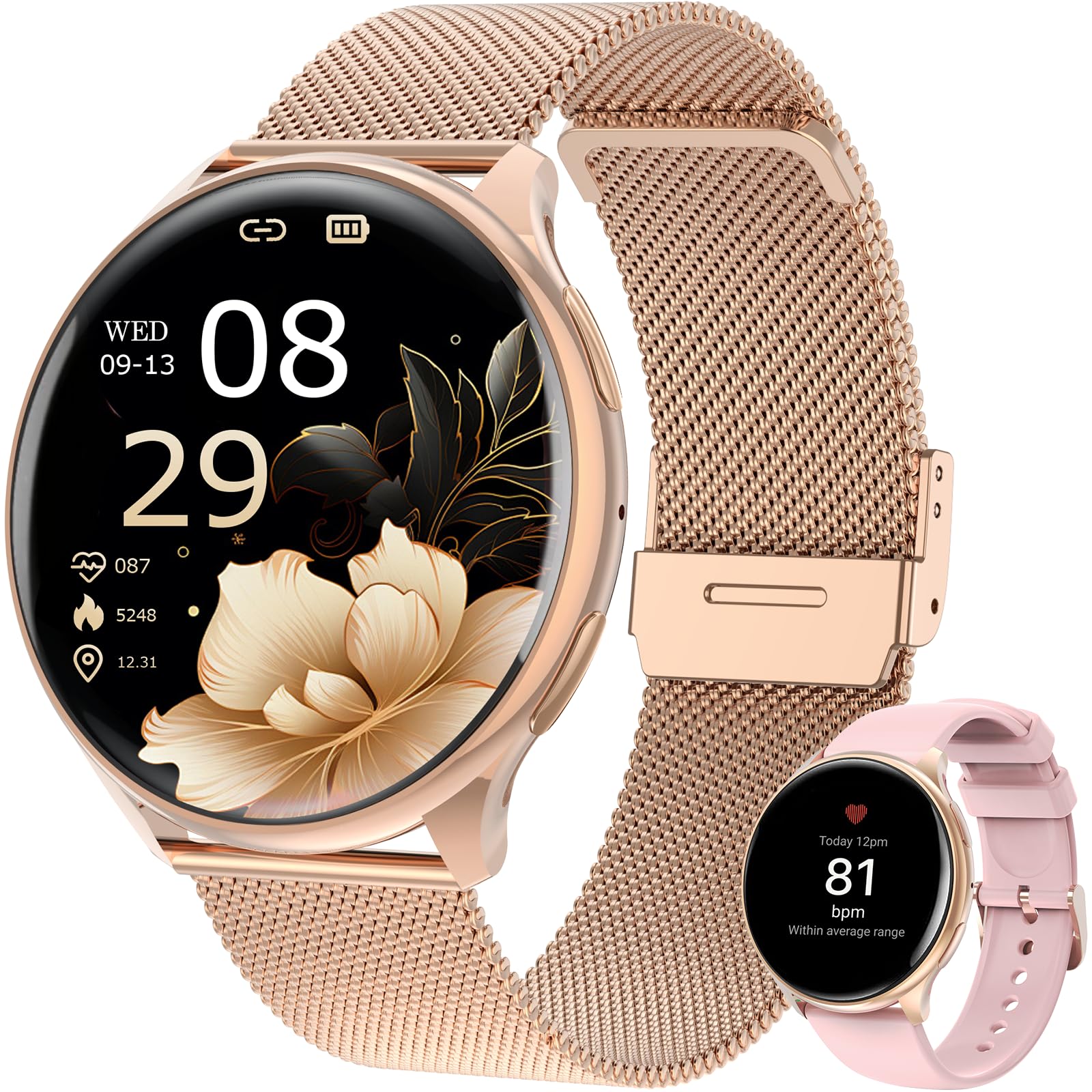 SLOKSFil S53 Smartwatch Damen mit Telefonfunktion, Roségold – rundes Metallgehäuse mit Milanese-Armband