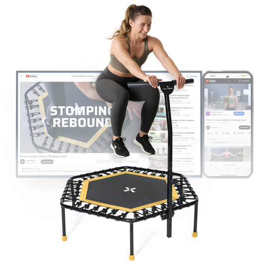 SportPlus Fitness Trampolin Indoor Haltestange Gummiseil 130kg. Rundes Trampolin mit Haltestange, zum Rebounding.