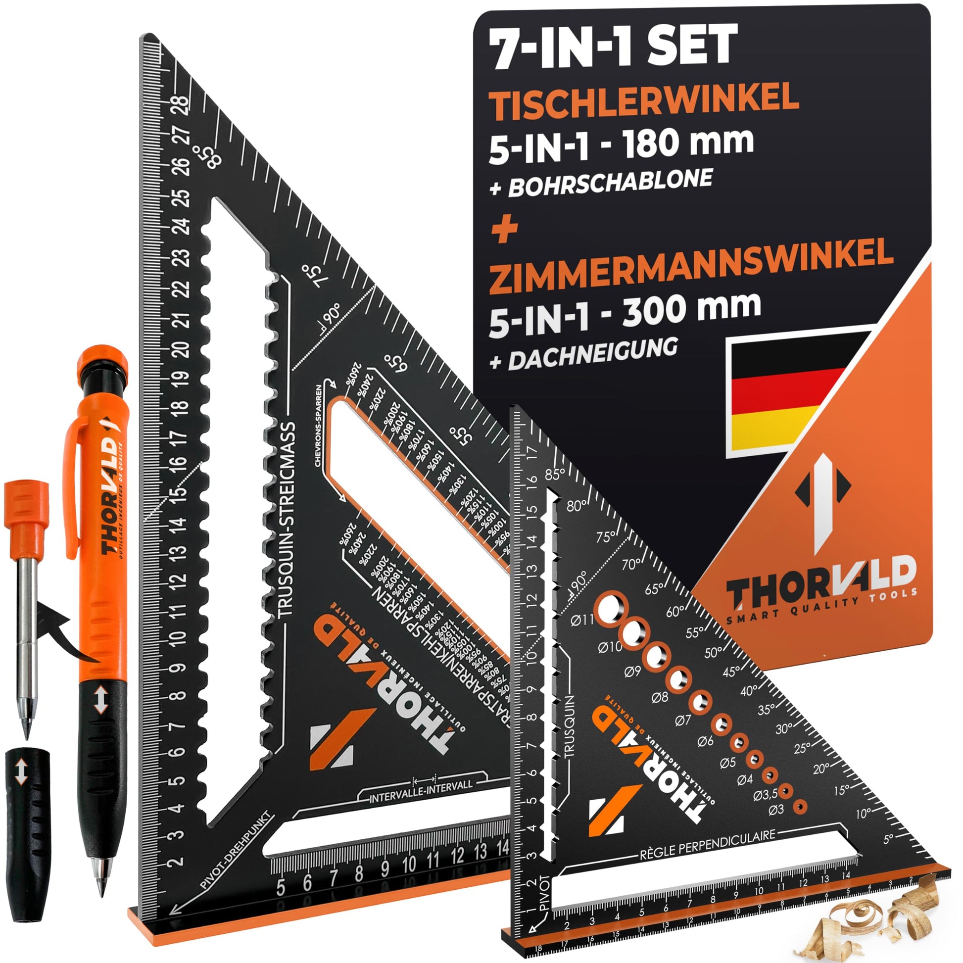 THORVALD Zimmermannswinkel Set 7-in-1, 300 mm + 180 mm, Aluminium mit Tieflochmarker zum Anreissen